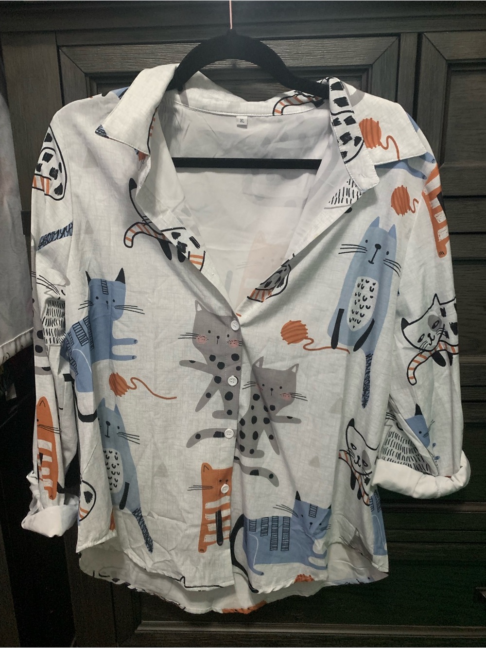 White Cat Print Button-Up Shirt